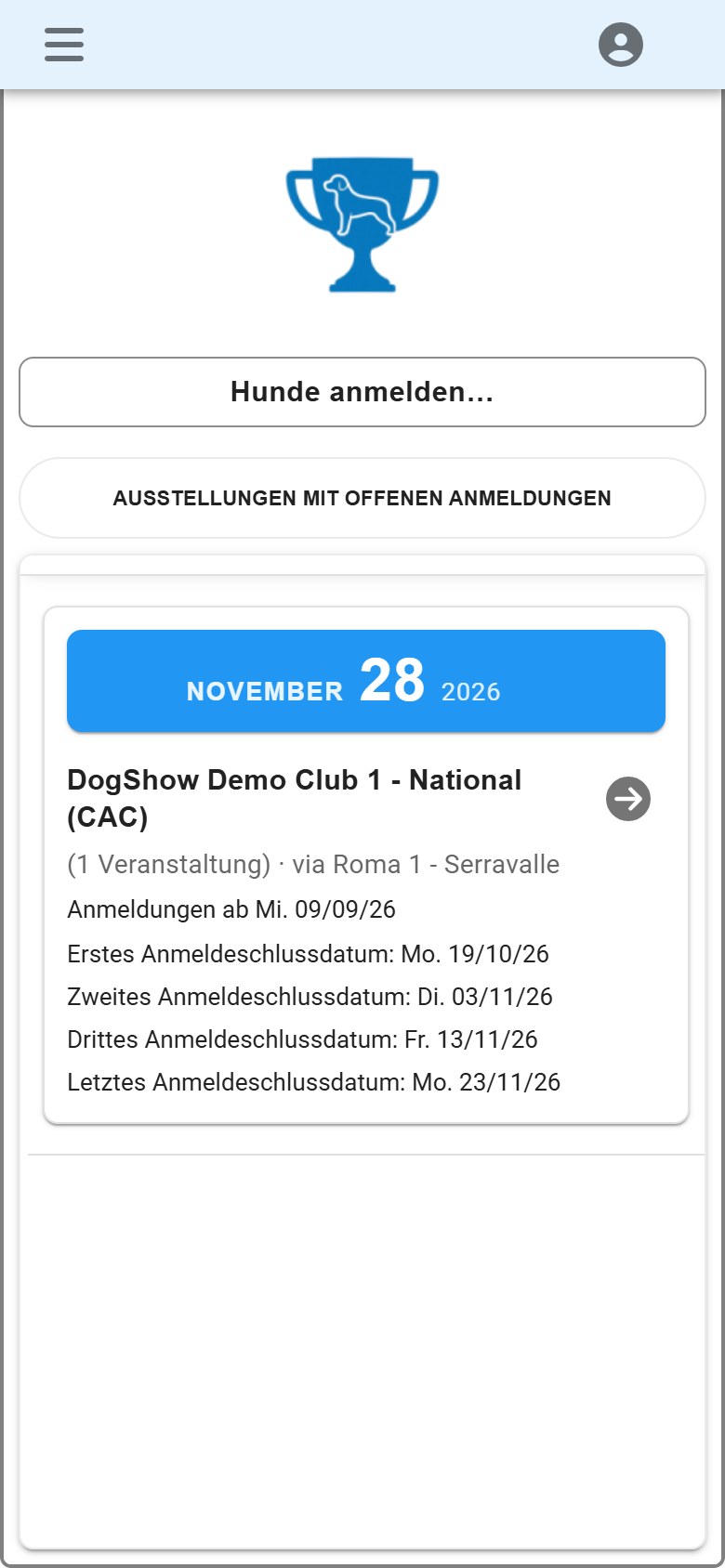 DogShow auf dem Handy eines Ausstellers: die Ausstellungen mit offener Meldung.
