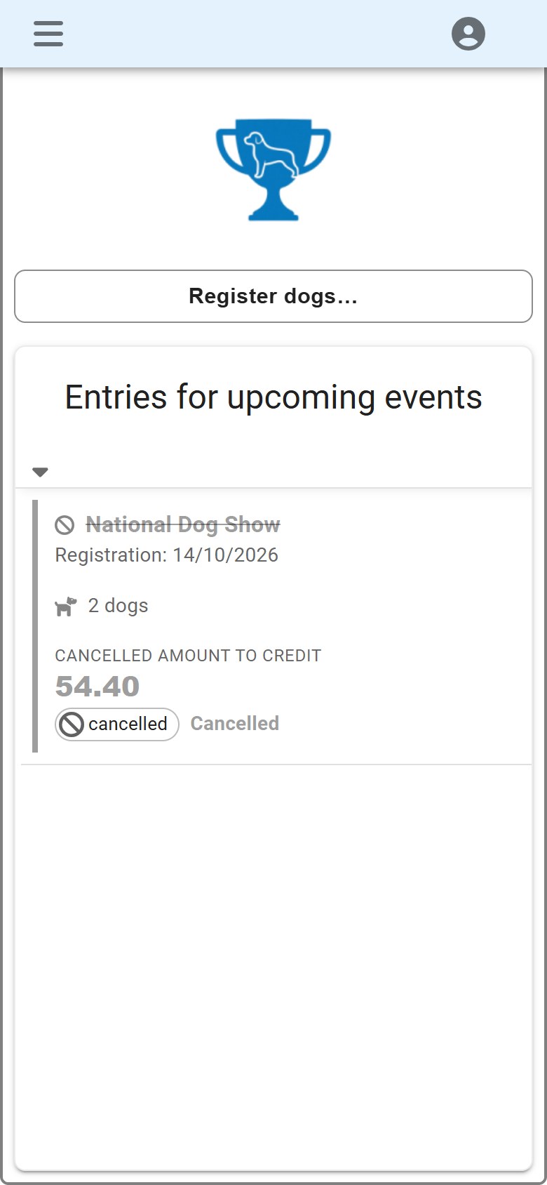 A cancelled entry: the amount comes back to the exhibitor as credit.
