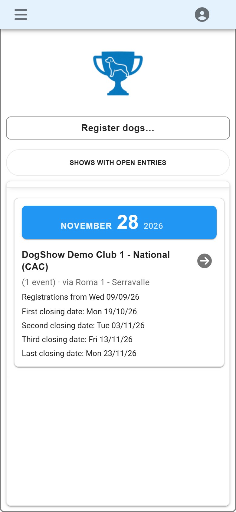 DogShow on an exhibitor's phone: the shows with open entries.