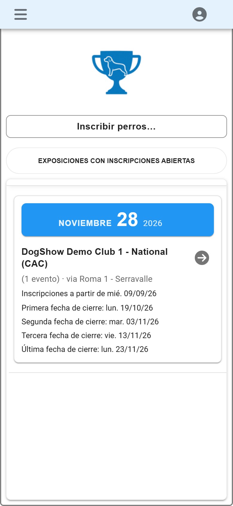 DogShow en el móvil de un expositor: las exposiciones con inscripciones abiertas.