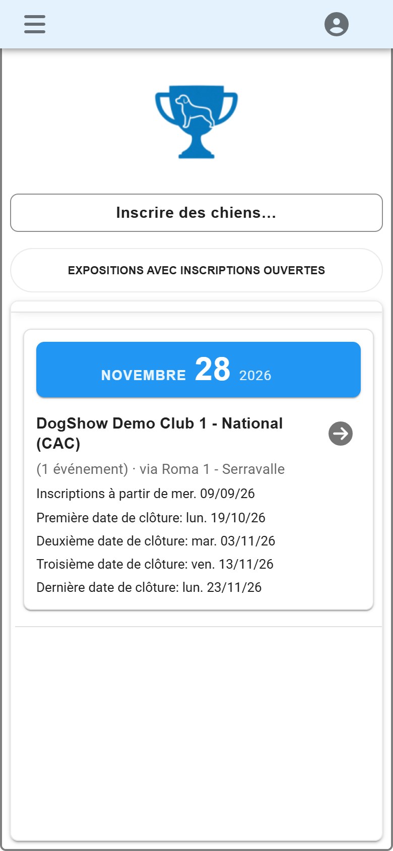 DogShow sur le téléphone d'un exposant : les expositions aux inscriptions ouvertes.